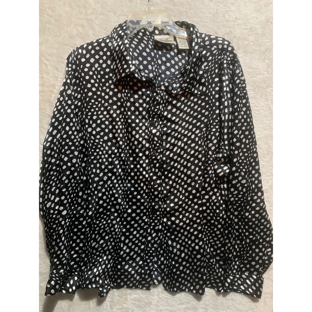 Kathie Lee Woman Black White Polka Dot Button Up Long Sleeve‎ Shirt Plus 22/24